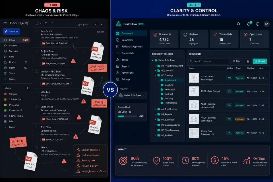 Before and after comparison of chaotic email attachments versus organized OceanDMS project folders