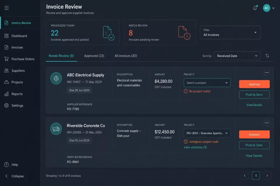 OceanFlow construction invoice review inbox with flagged supplier invoices and project assignment dropdowns