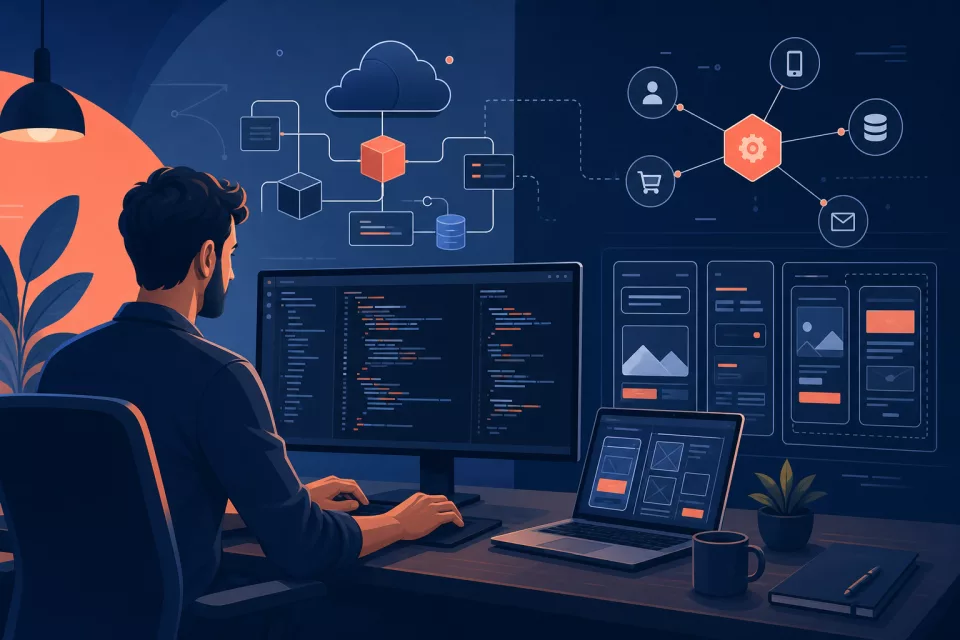 Custom software development with code editor and system architecture